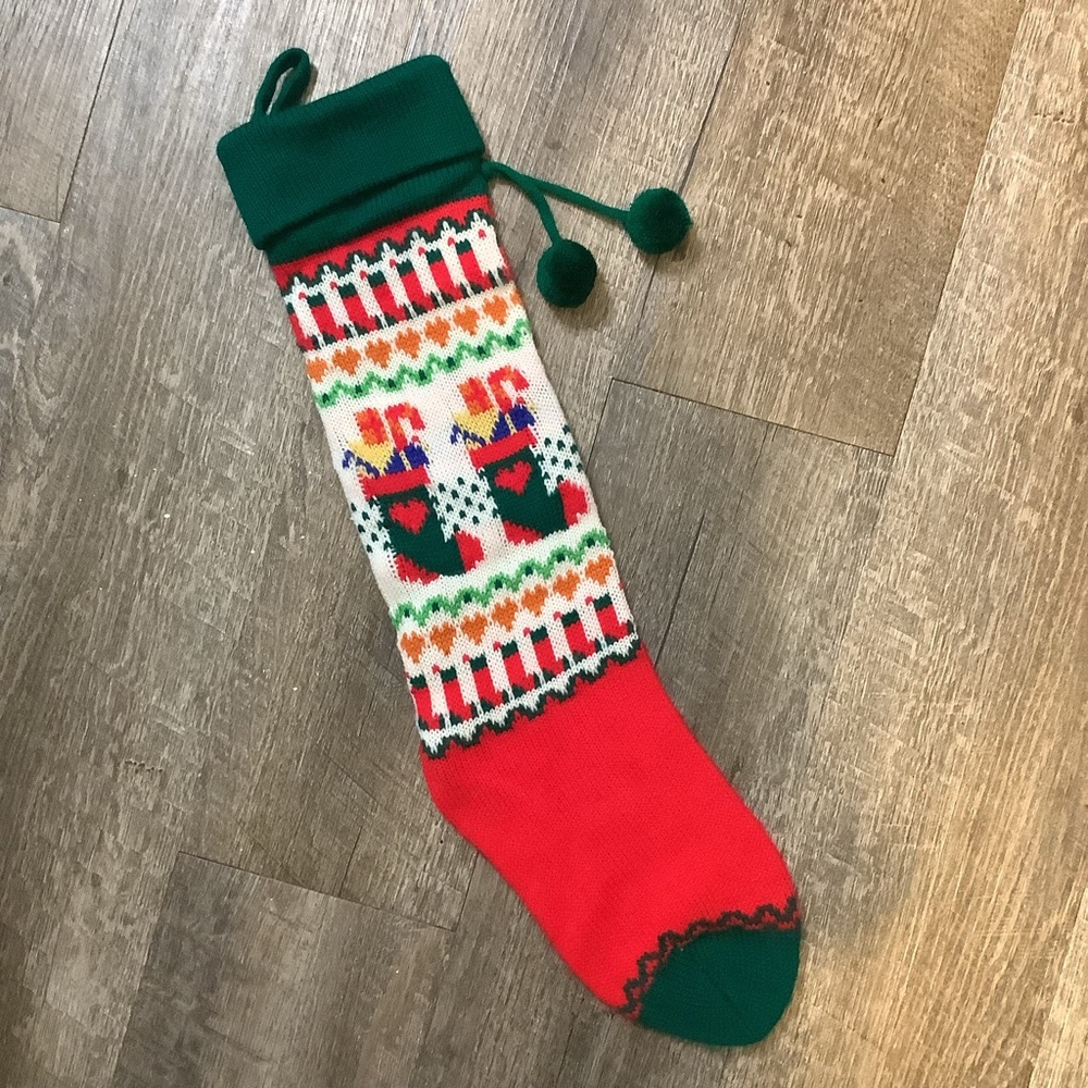 Vintage Knit Christmas Stocking Sweater Colorful Hearts Candy Canes Pom Pom Sock